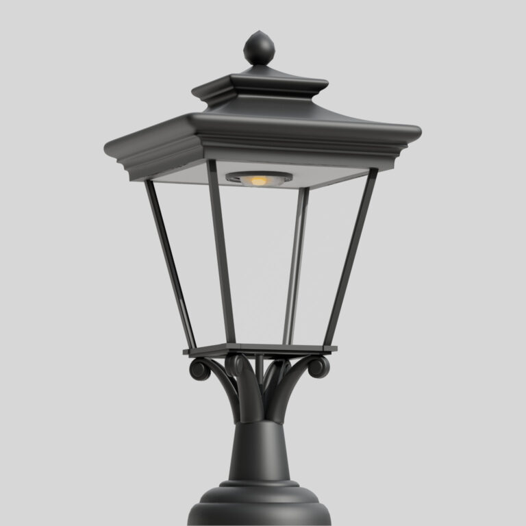 Zwarte klassieke straatlantaarn met vierzijdig dak en glazen behuizing, met zichtbare enkele LED-lichtbron binnenin