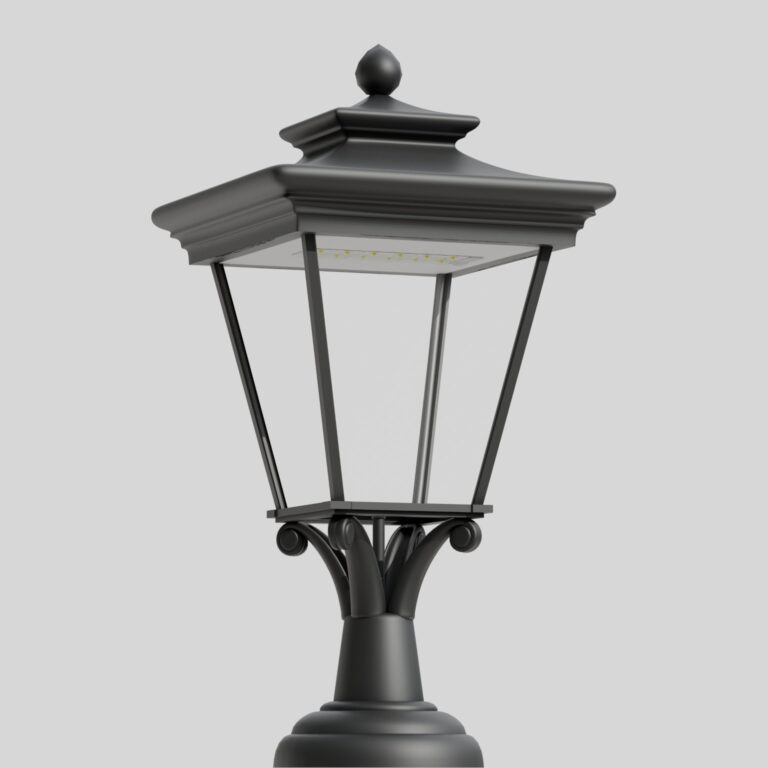 Decoratieve straatlantaarn model 10 Opal C met sierelementen in de kroon en armen in retrostijl, uitgerust met een moderne LED-lichtbron. Onderzicht tegen een lichtgrijze achtergrond.